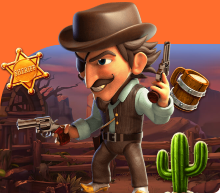 Cowboy character with sheriff badge and revolvers