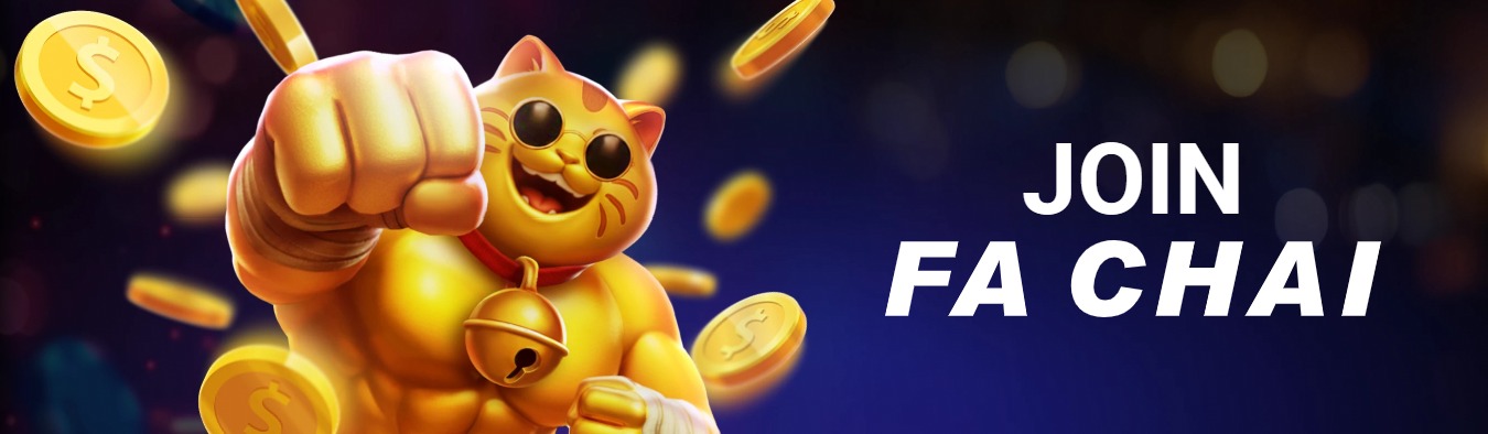 JOIN FA CHAI — golden muscle fortune cat punching through a shower of coins